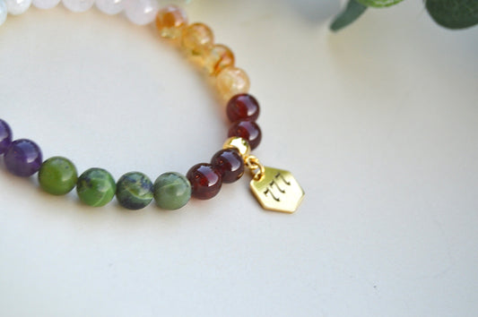 Ametyst, månestein, granat, rosenkvarts, sitrin og jade armbånd – spirituell balanse, kjærlighet og veiledning